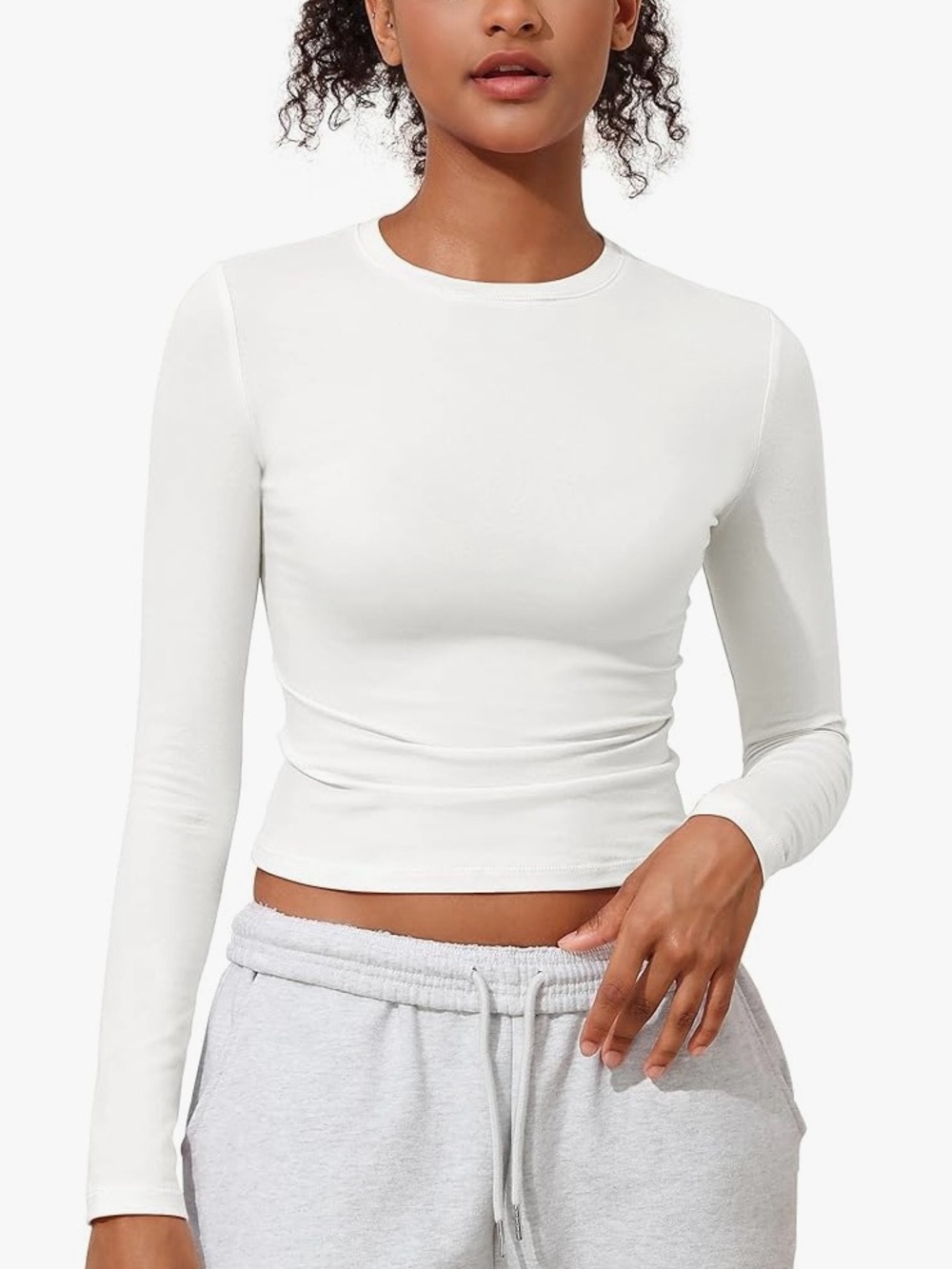 Women White Top Cotton Long-Sleeve Crewneck Top size small